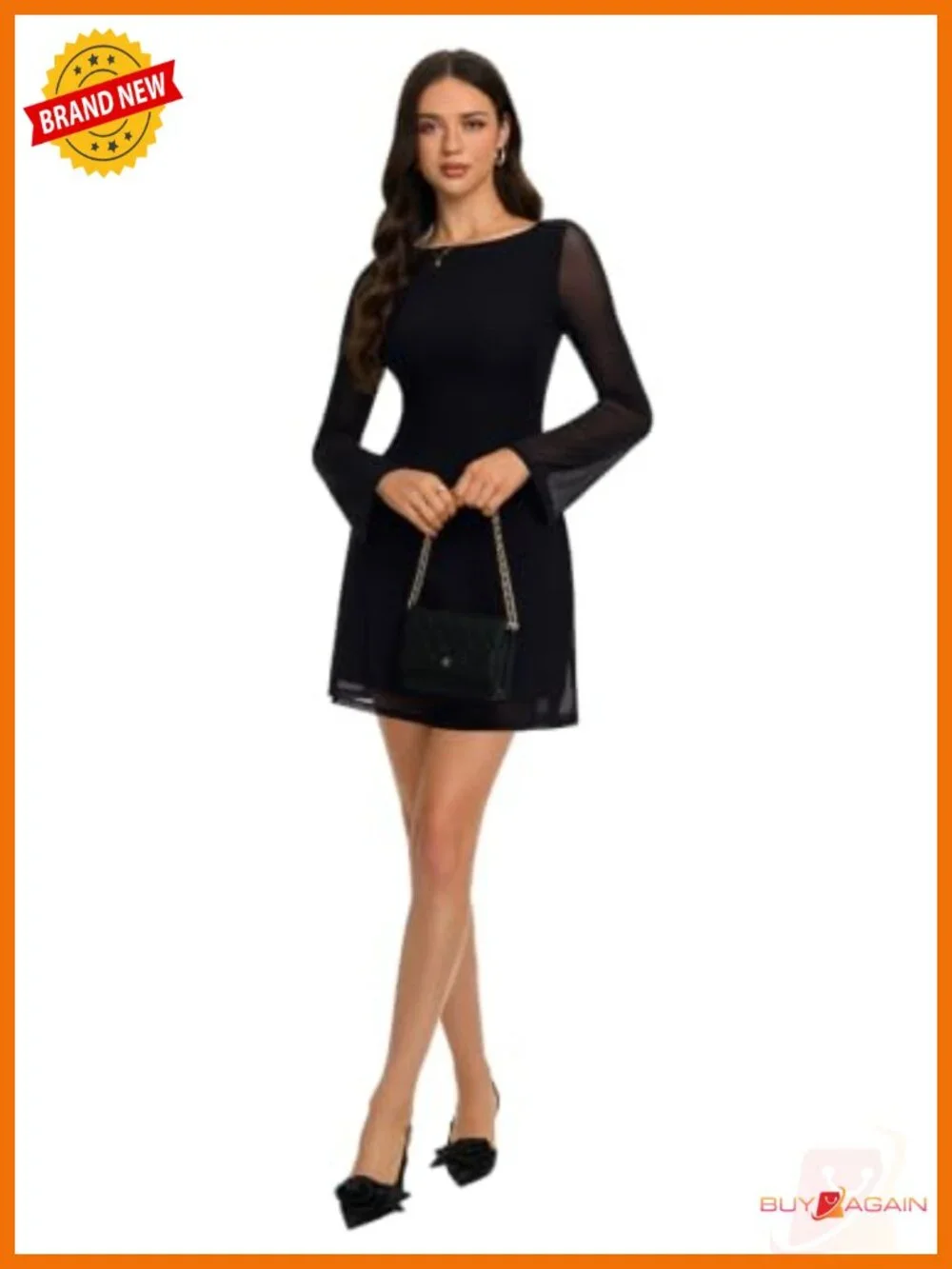 Mesh Bell Sleeve Mini Dress Long Sleeve Crew Neck A-Line Formal